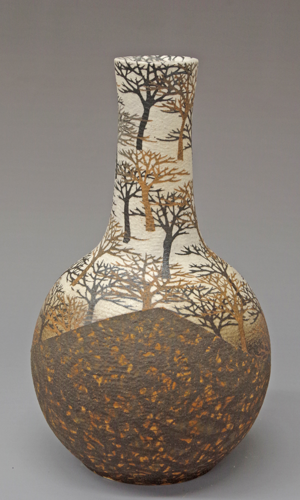 佐伯守美 象嵌釉彩樹林文花瓶 共箱 ｜益子焼販売 善五