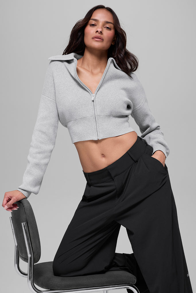 Scholar Knit Cropped Full Zip Jacket - Athletic Heather Grey | ALO