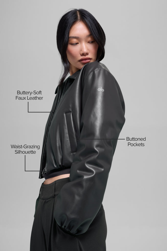 Faux Leather Cropped Premier Bomber - Black | ALO