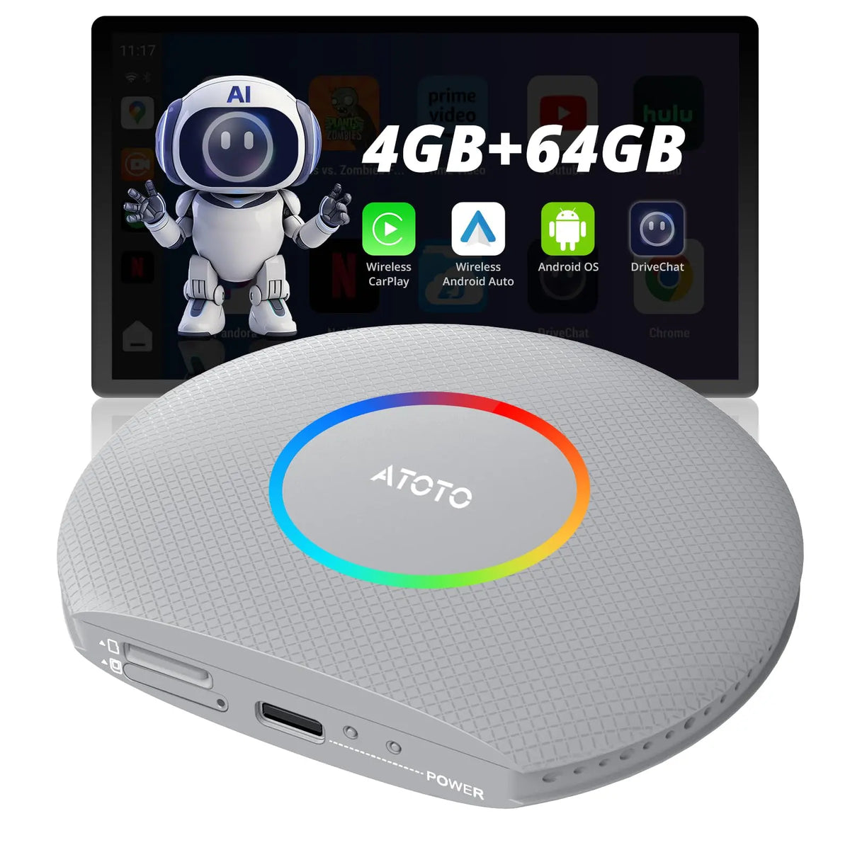 ATOTO CB6 Wireless CarPlay Adapter - AI Voice, 4GB/64GB, GPS, BT