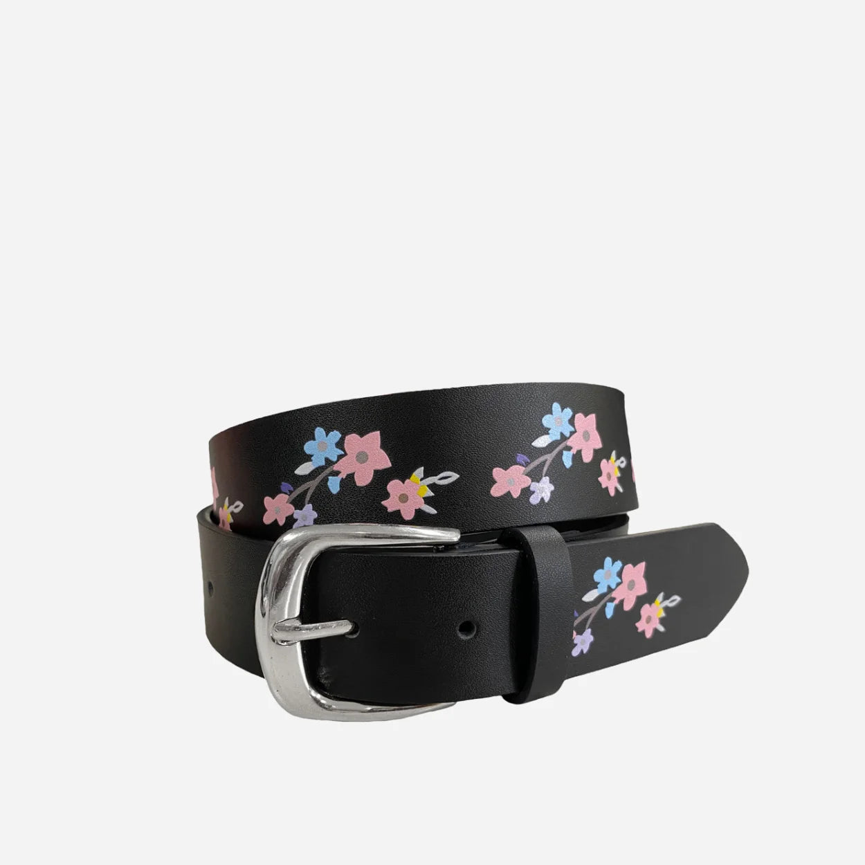 ARIA - Girls Black Genuine Leather Flower Belt with Square Silver Buck