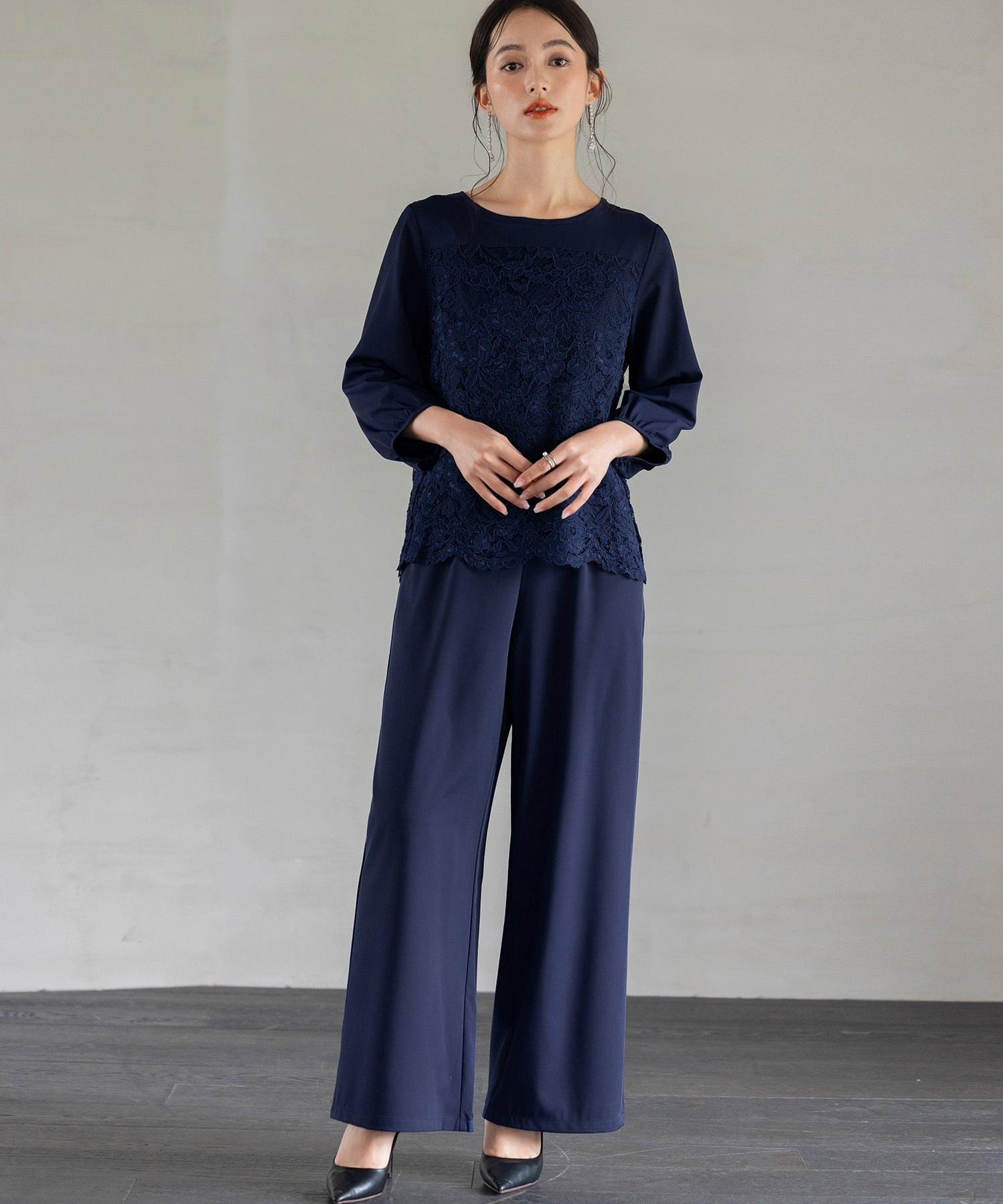 結婚式・お呼ばれ対応パンツドレス】レース7分袖トップス＆スラックス