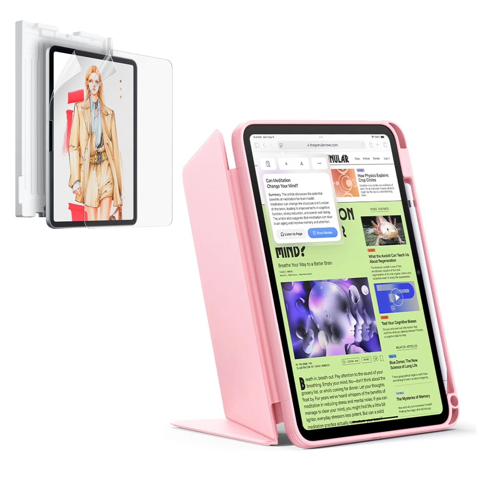 Pink iPad(A16) Case with Pencil Holder and Screen Protector Bundle