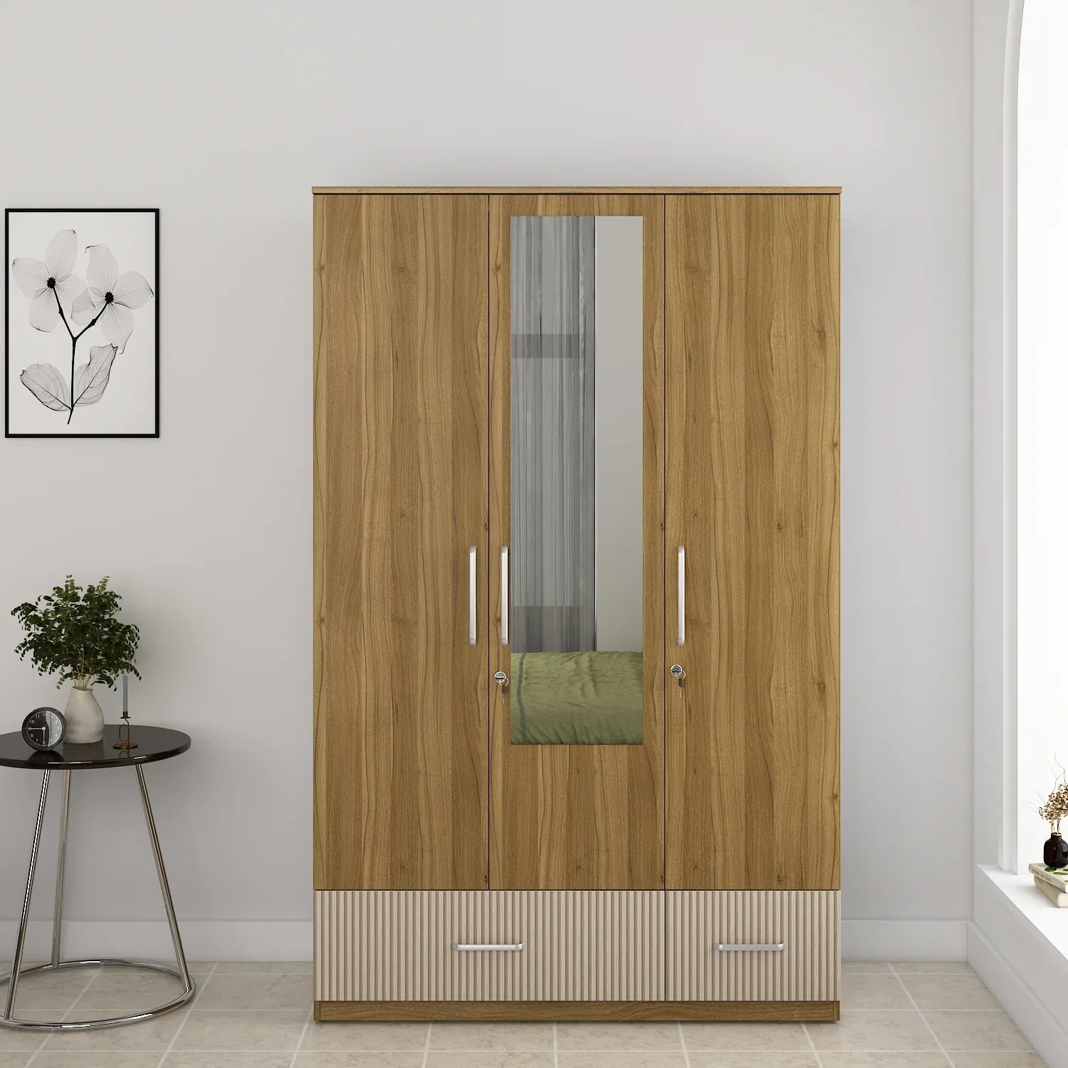 Diago Three Door Wardrobe In Natural Teak Color – HomeTown