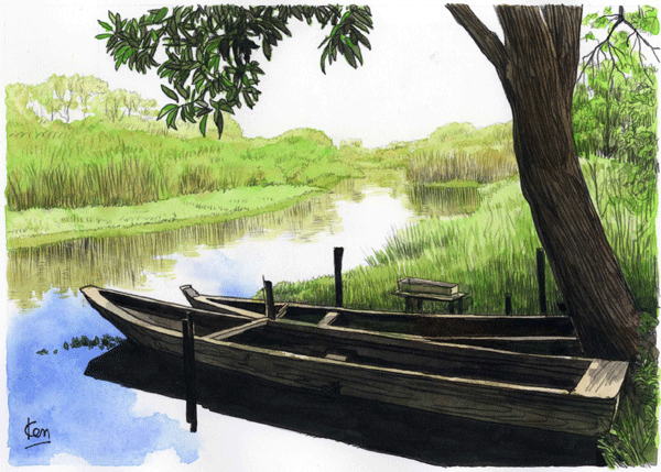 水のある風景 トレース水彩画