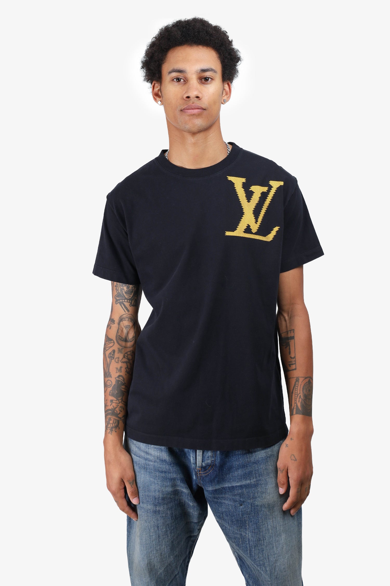 Louis Vuitton Black/Yellow Brick Printed Logo T-Shirt Size M Mens