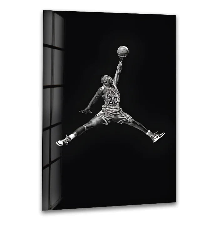 Michael Jordan Dunk Glass Wall Art | Black & White Basketball