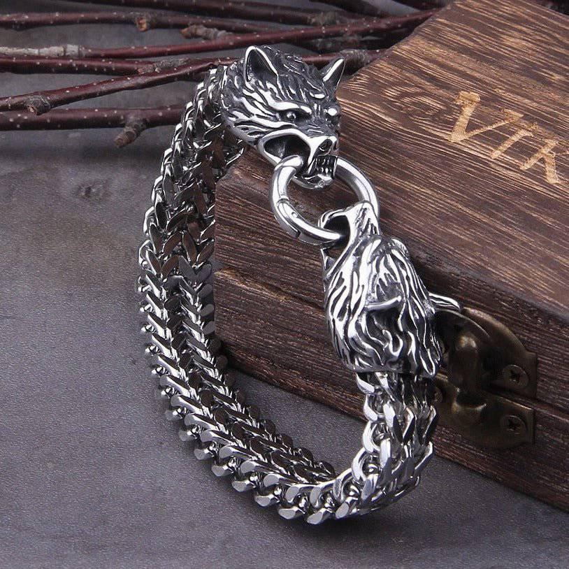 Viking Wolf Head Chain Bracelet – Stainless Steel Norse Warrior
