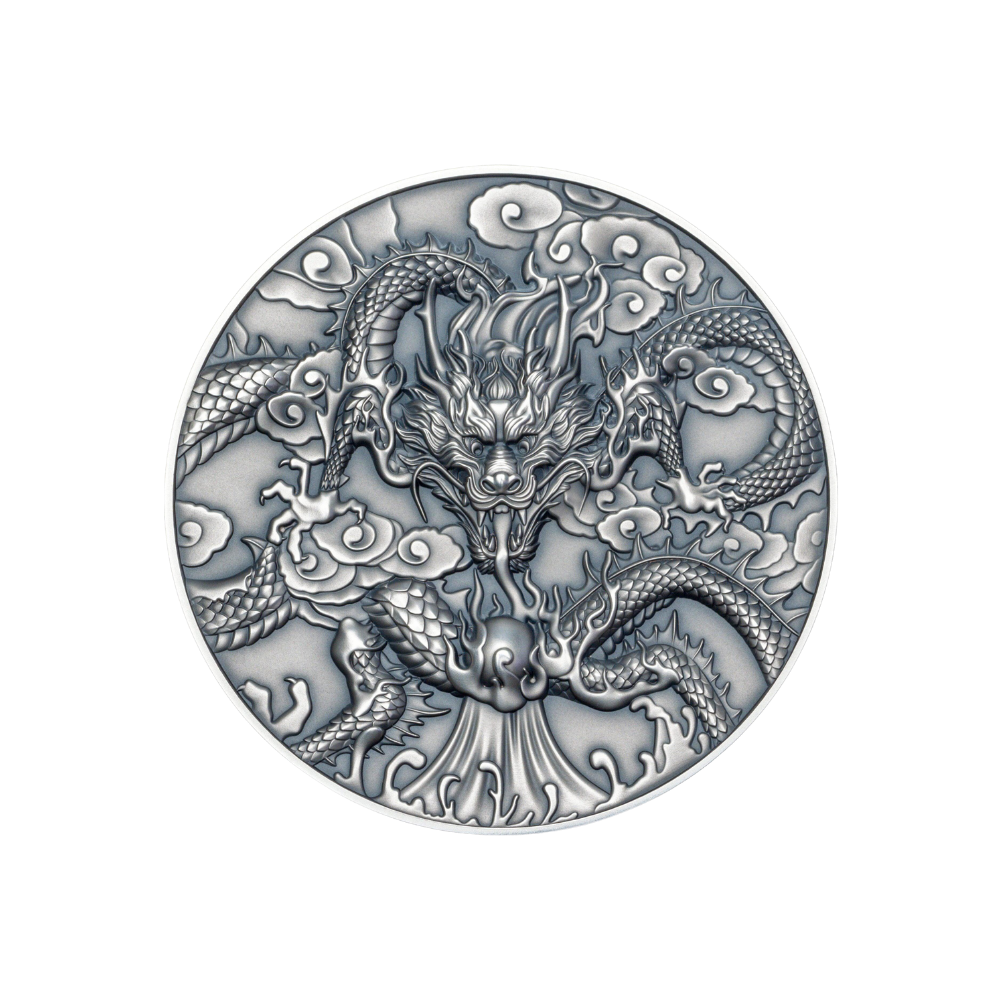 CHINESE DRAGON ART Antiqued 5 Oz Silver Coin $10 Niue 2024 - Art Mint