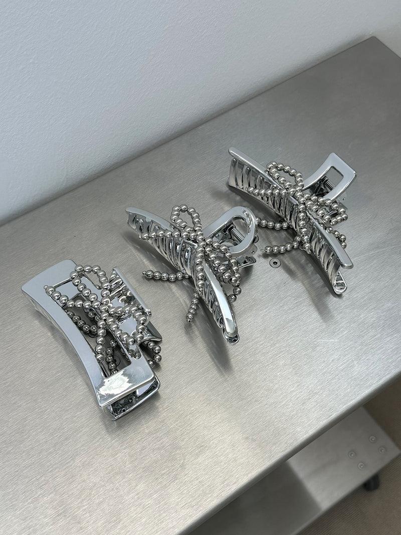 シルバー ボール リボン ポイント ヘアクリップ (3Type) 韓国