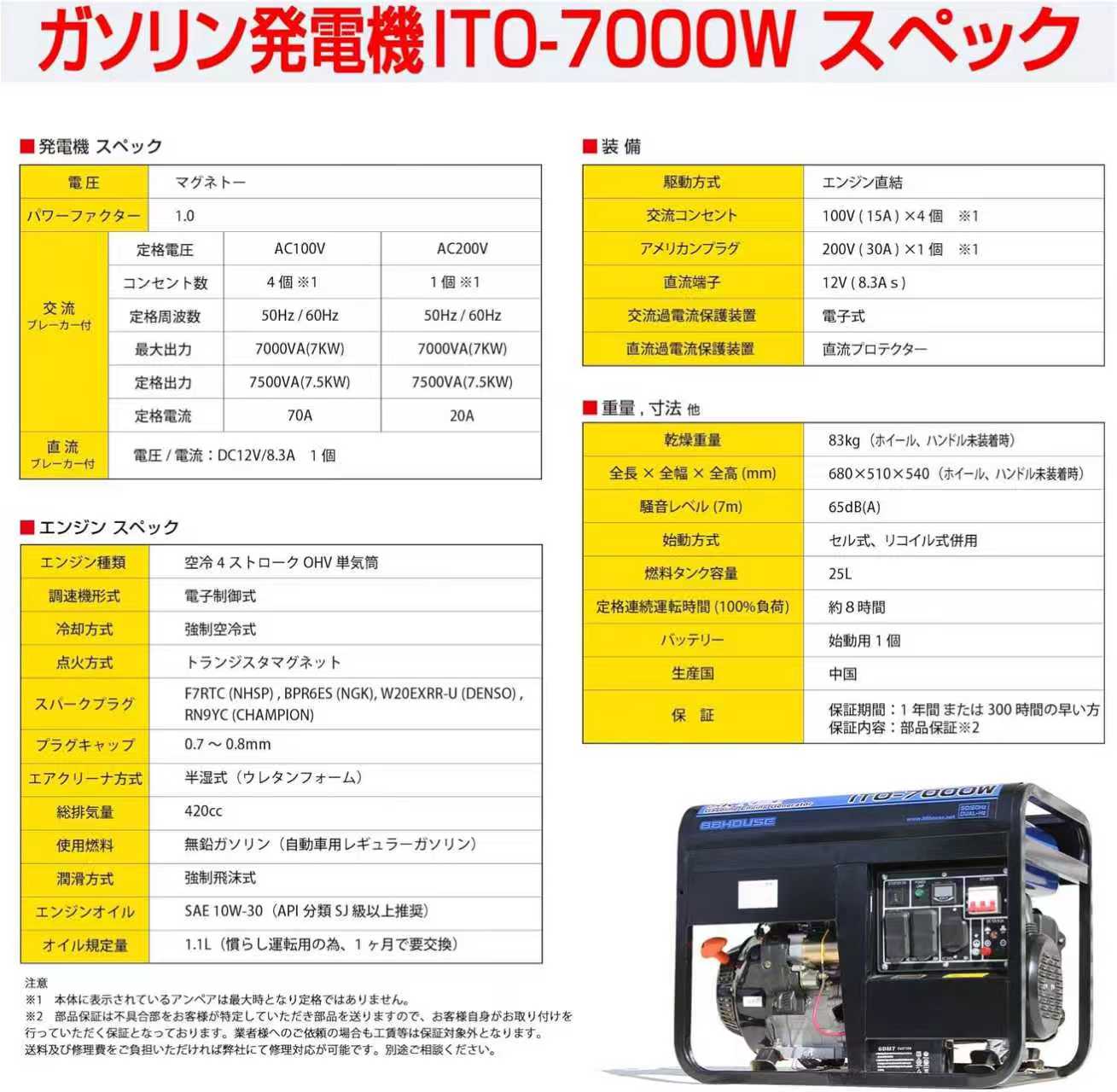 最大7500W 大型発電機】ガソリン発電機 ITO-7000W 三相200V/100V