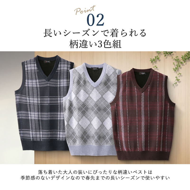 ウォッシャブル 柄違い3枚セット Vネックニットベスト