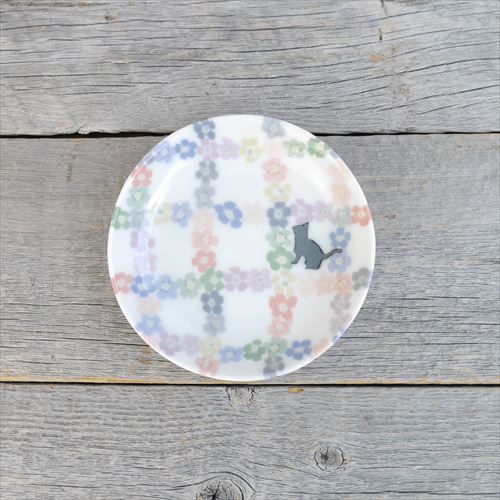 有田焼/艸窯（そうがま）/彩磁練上 中皿 花格子猫/Φ14 X H2 - テーブル