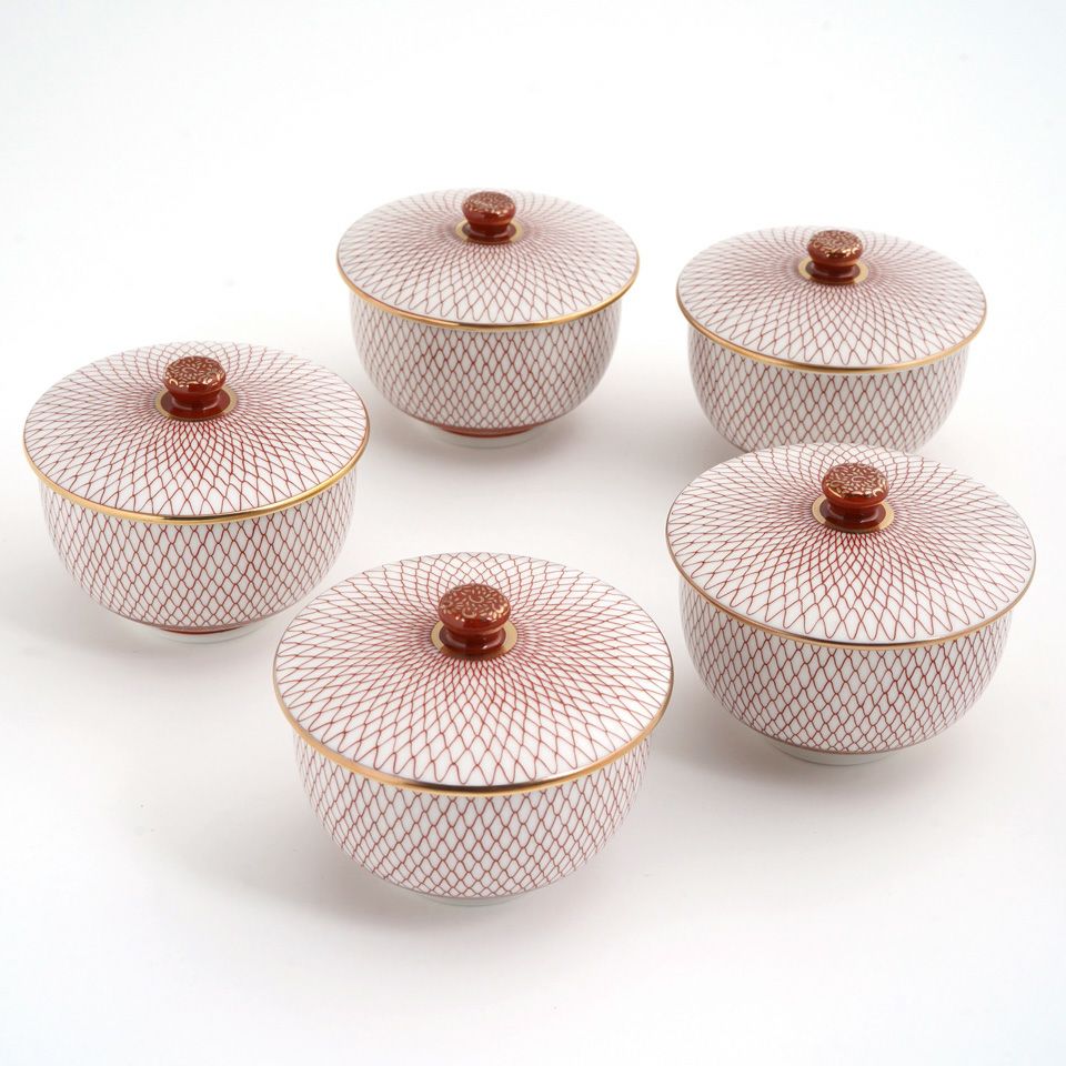 九谷焼 伝統柄 【九谷焼】蓋付汲出揃・赤網〈5客〉 |皿や鉢など和食器