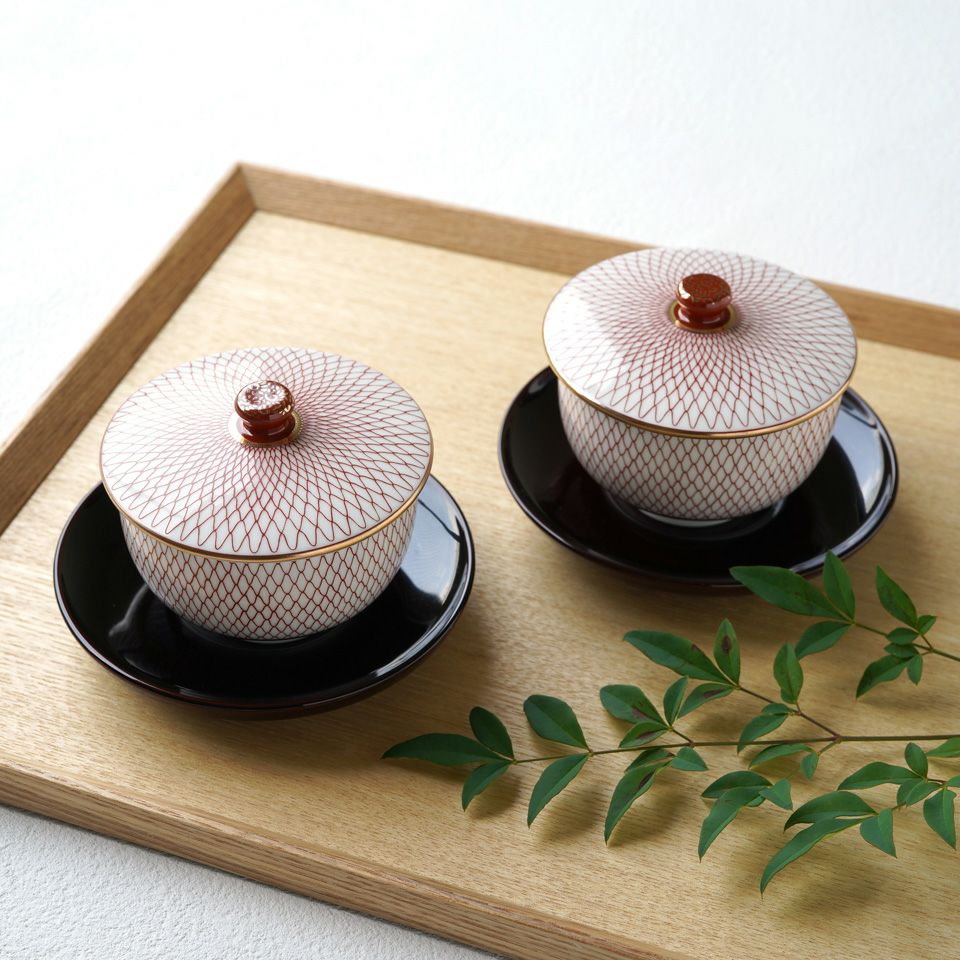 九谷焼 伝統柄 【九谷焼】蓋付汲出揃・赤網〈5客〉 |皿や鉢など和食器