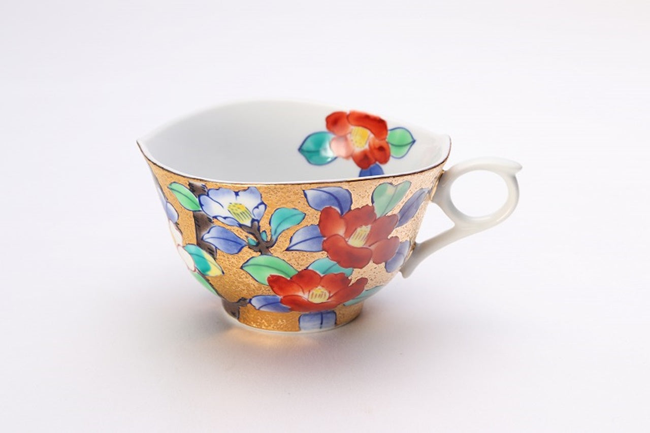 カフェ用品 「コーヒー碗 金彩 椿 木箱付」 金龍窯 江口天童 有田焼