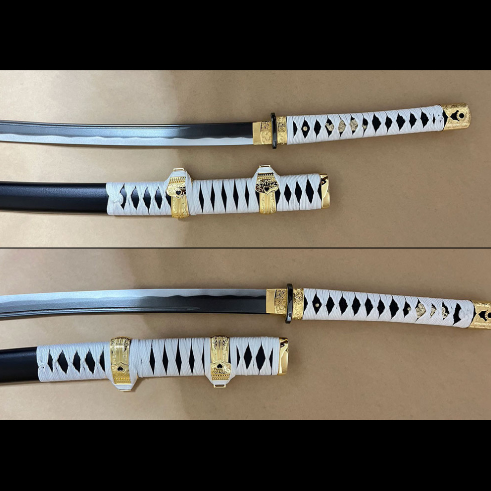 竹光模造刀 白糸太刀拵え 足金物（金）小さい鍔 食み出し鍔・本格竹光