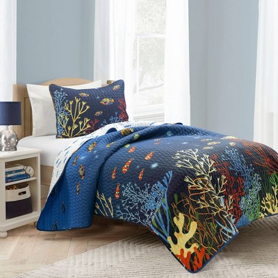 Twin 2pc Set Kids' Under The Sea Quilts Navy - Lush Décor: Kids