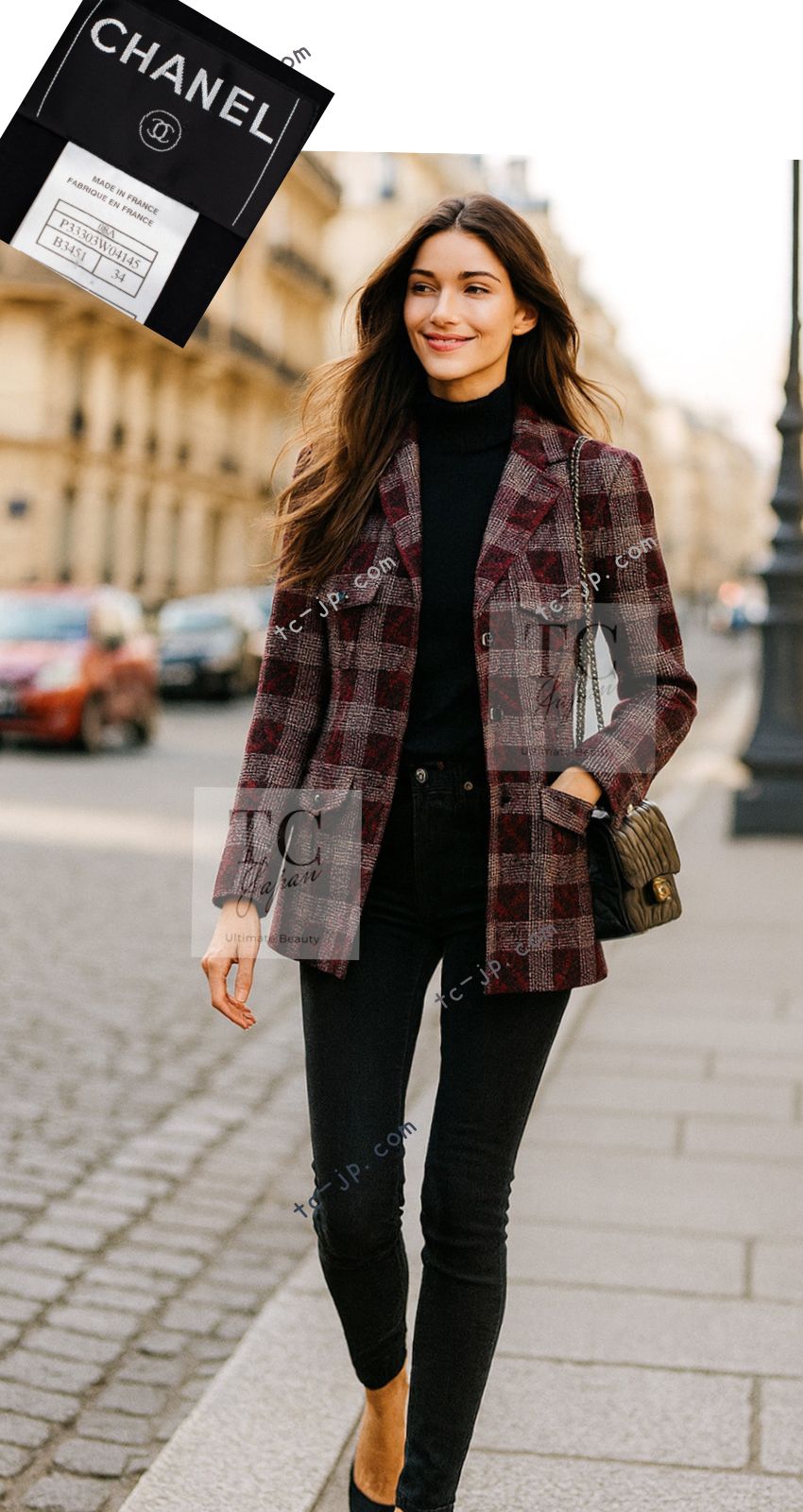シャネル ジャケット CHANEL バーガンディ ブラック タータン チェック