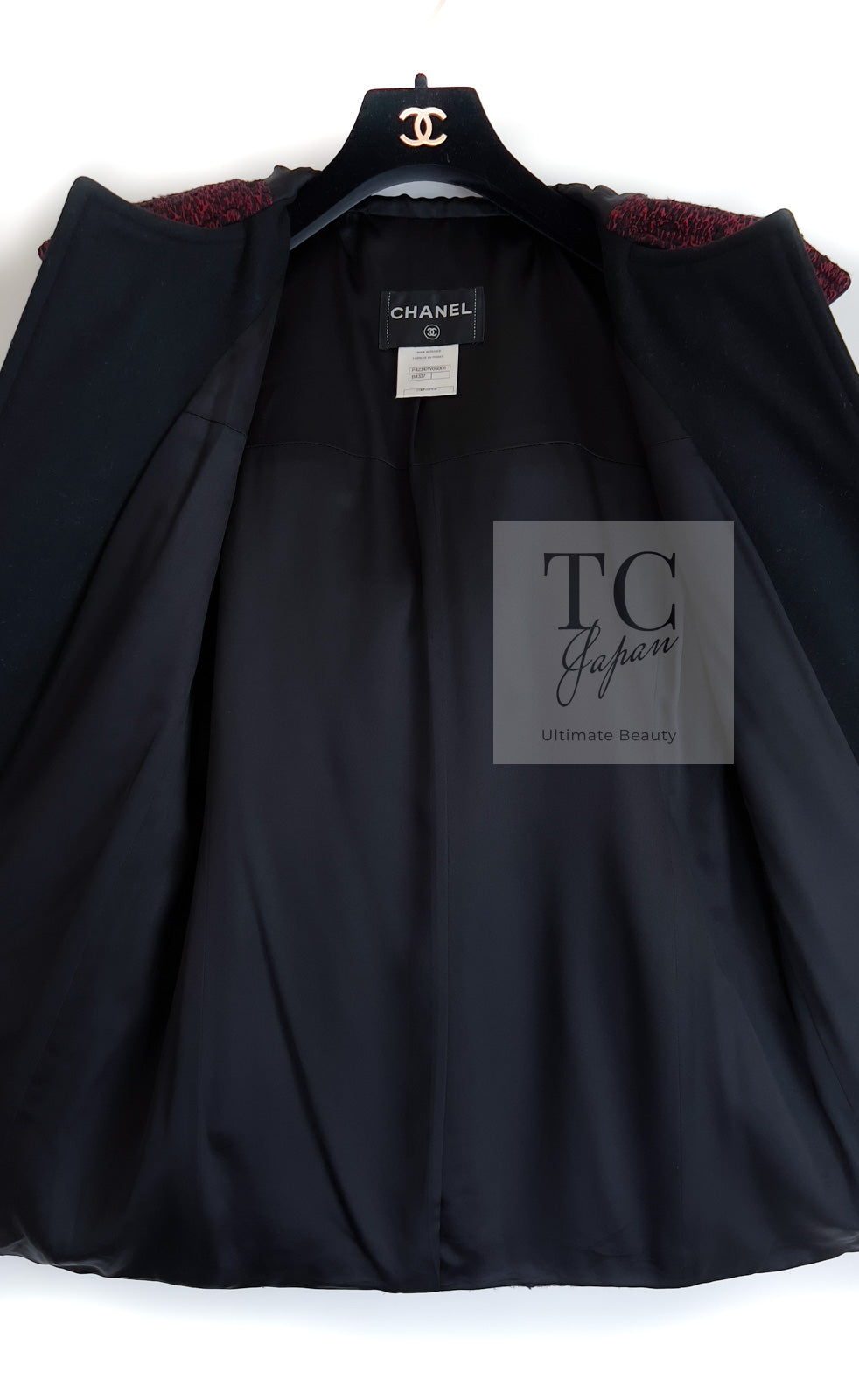 シャネル コート CHANEL レッド ブラック ウール フード ツイード 11A