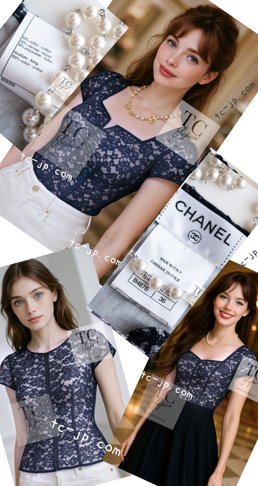 シャネル トップス CHANEL ネイビー ホワイト カメリア レース 14C
