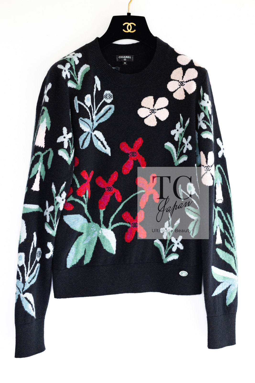 シャネル セーター CHANEL ブラック マルチカラー 花柄 カシミア