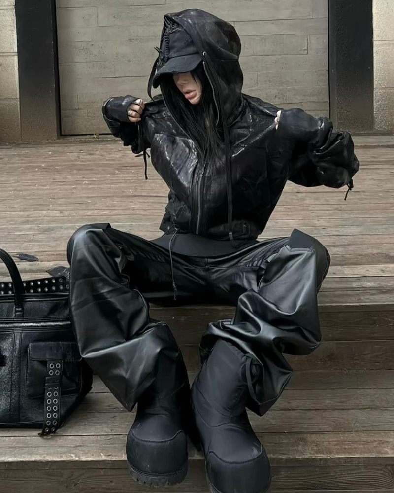 Opium Style Dark Waxed Metal–Effect Hooded Jacket – Techwear Official