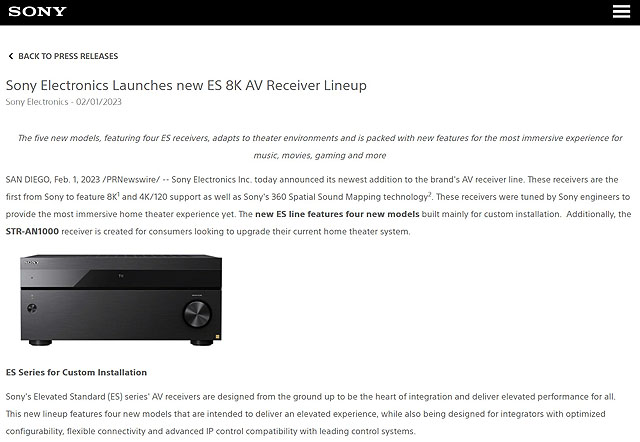 ソニーUSAにてESシリーズ4機種を含むAVマルチアンプ5モデルが発表