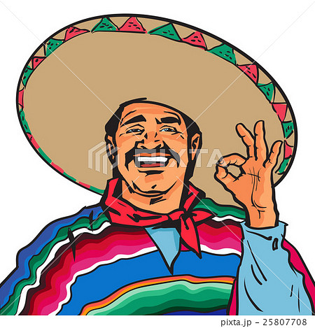 Smiling Mexican man in sombrero and poncho showingのイラスト素材