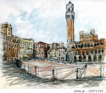 水彩画原画 シエナのカンポ広場 水彩画原画 シエナのカンポ広場