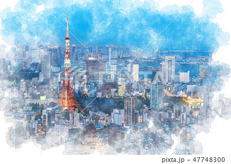東京の夜景 水彩画風のイラスト素材 [47748300] - PIXTA