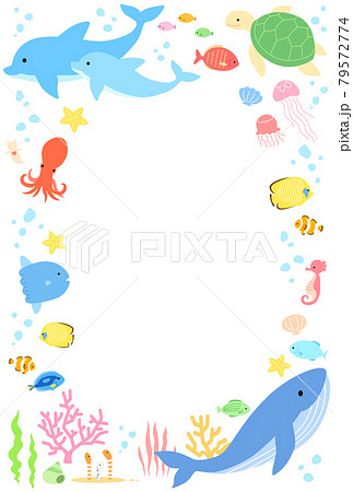 海の生き物 イラストフレーム メッセージカード はがき縦 背景の
