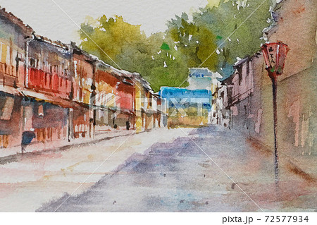 金沢ひがし茶屋街町並みの水彩画風景画のイラスト素材 [72577934] - PIXTA