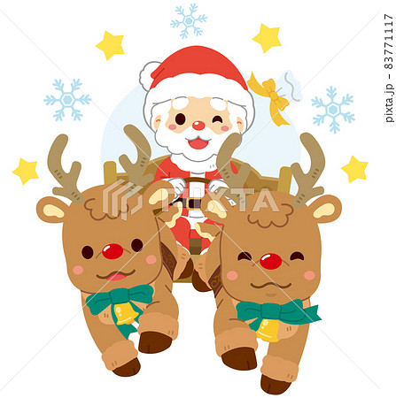 トナカイが引くソリに乗りプレゼントを届けるサンタクロースのイラスト