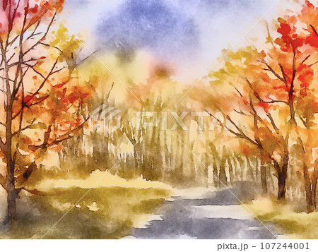 秋の紅葉と並木道の水彩画のイラスト素材 [107244001] - PIXTA