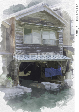 水彩画風 伊根 伊根の舟屋 京都府与謝郡伊根町のイラスト素材