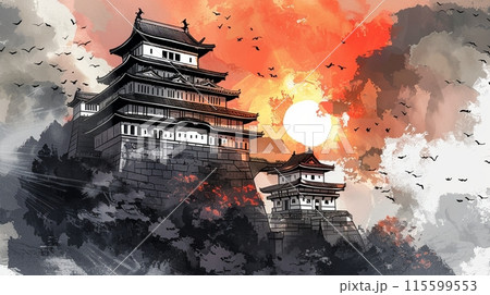 夕暮れ時の壮大な水墨画風の日本の城、テキストスペースのイラスト素材