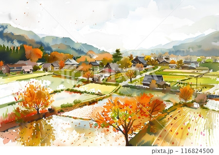秋の田園風景（水彩画風）のイラスト素材 [116824500] - PIXTA
