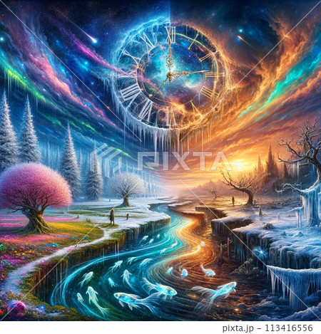 異次元世界：宇宙時計と時空を超えたファンタジーで幻想的な四季の風景