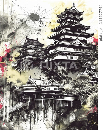 飛び散る色彩に包まれた日本の城の水墨画アートのイラスト素材