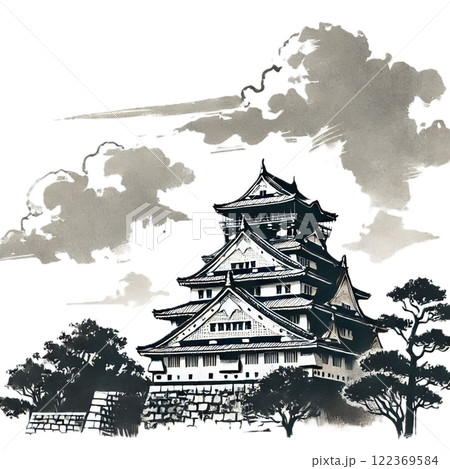 水墨画風のシンプルなお城のイラストのイラスト素材 [122369584] - PIXTA