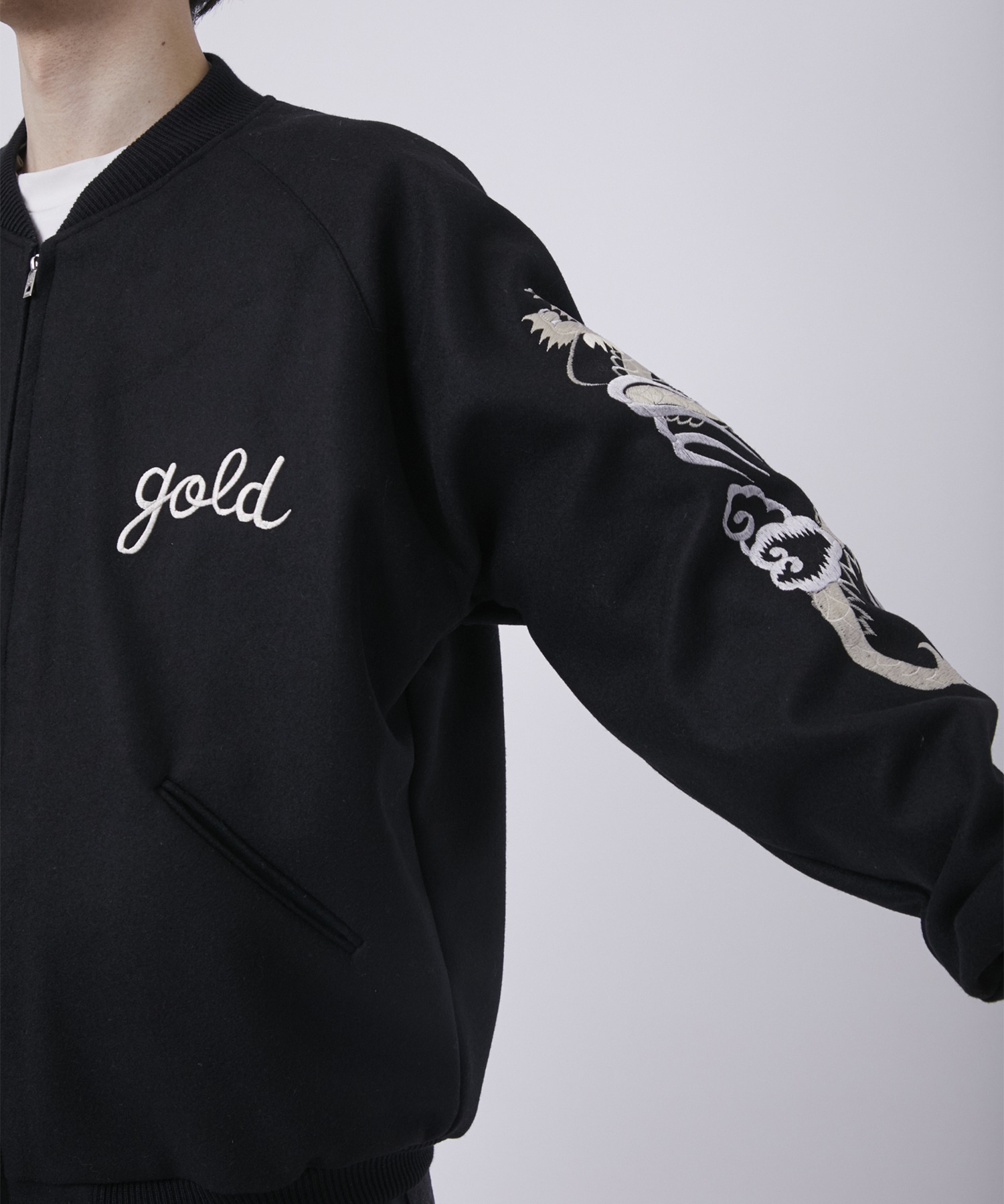 WOOL MELTON ×ACETATE SOUVENIR JACKET(S BLACK): gold: MENS｜THE