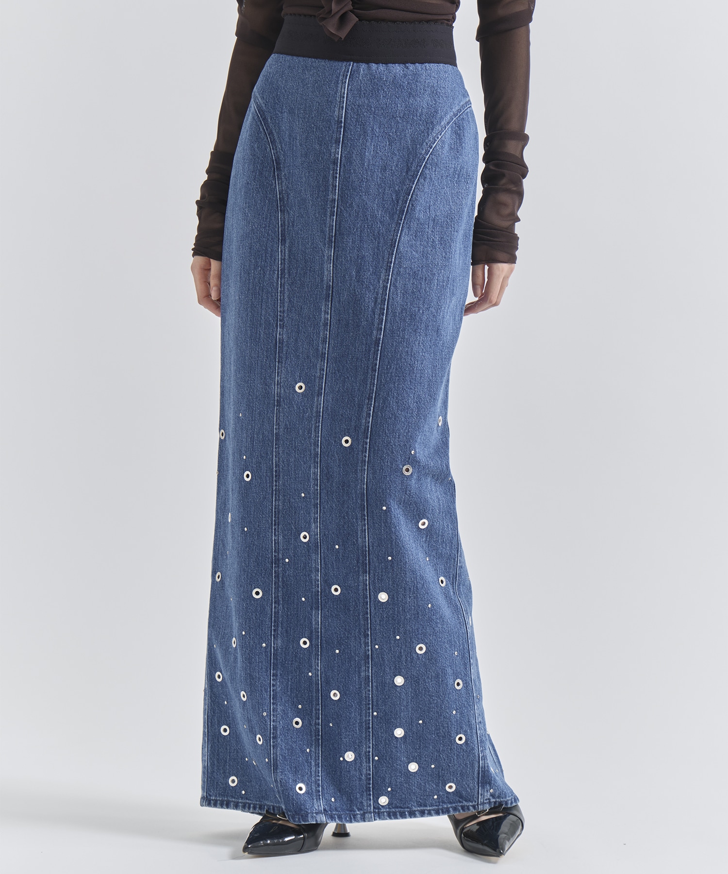ORGANIC COTTON DENIM WIDE-LEG SKIRT WITH STUDS(1 BLUE): FETICO