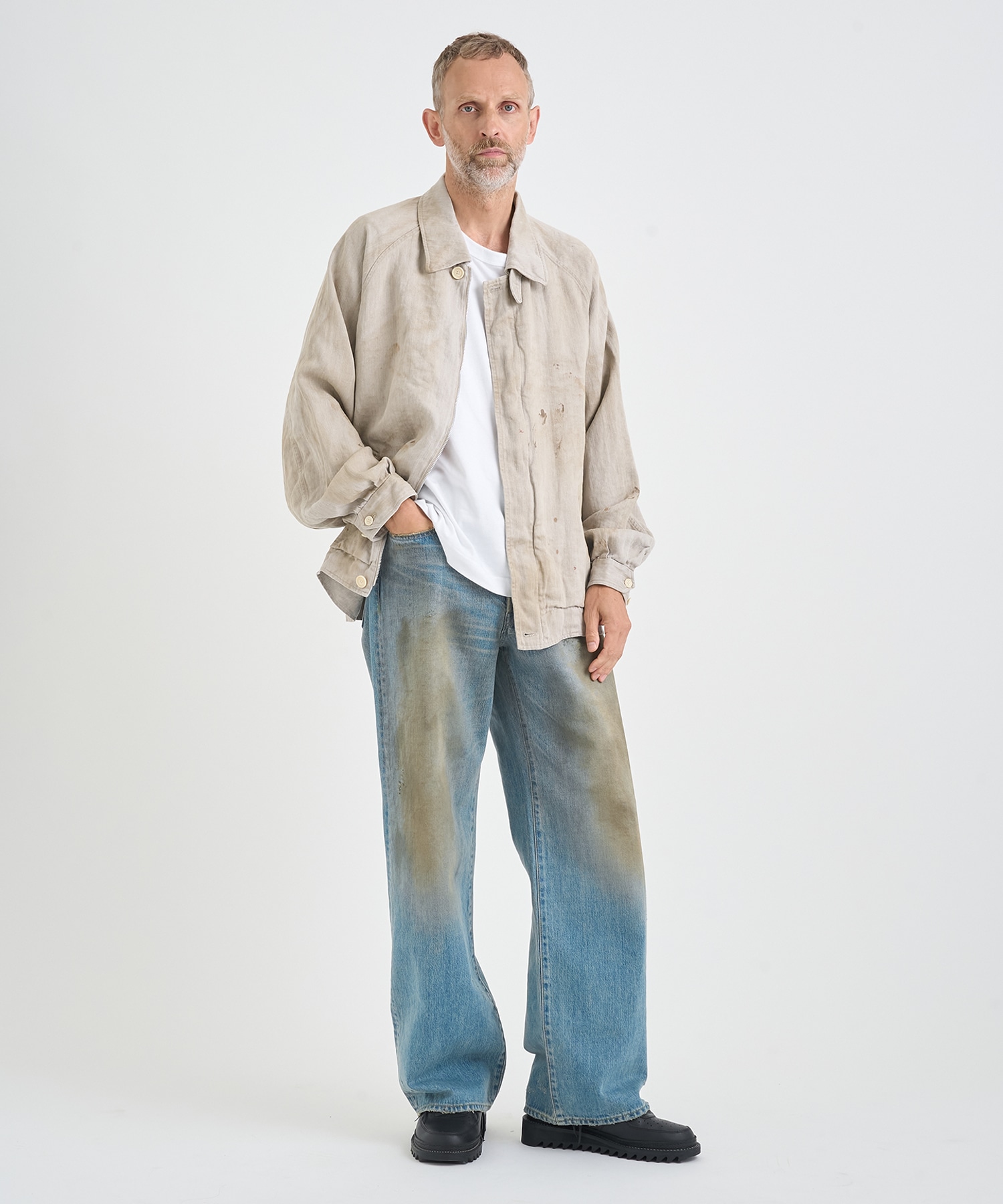 HEAVY LINEN HERRINGBONE ZIP JACKET(S OFF WHITE): ssstein: MENS