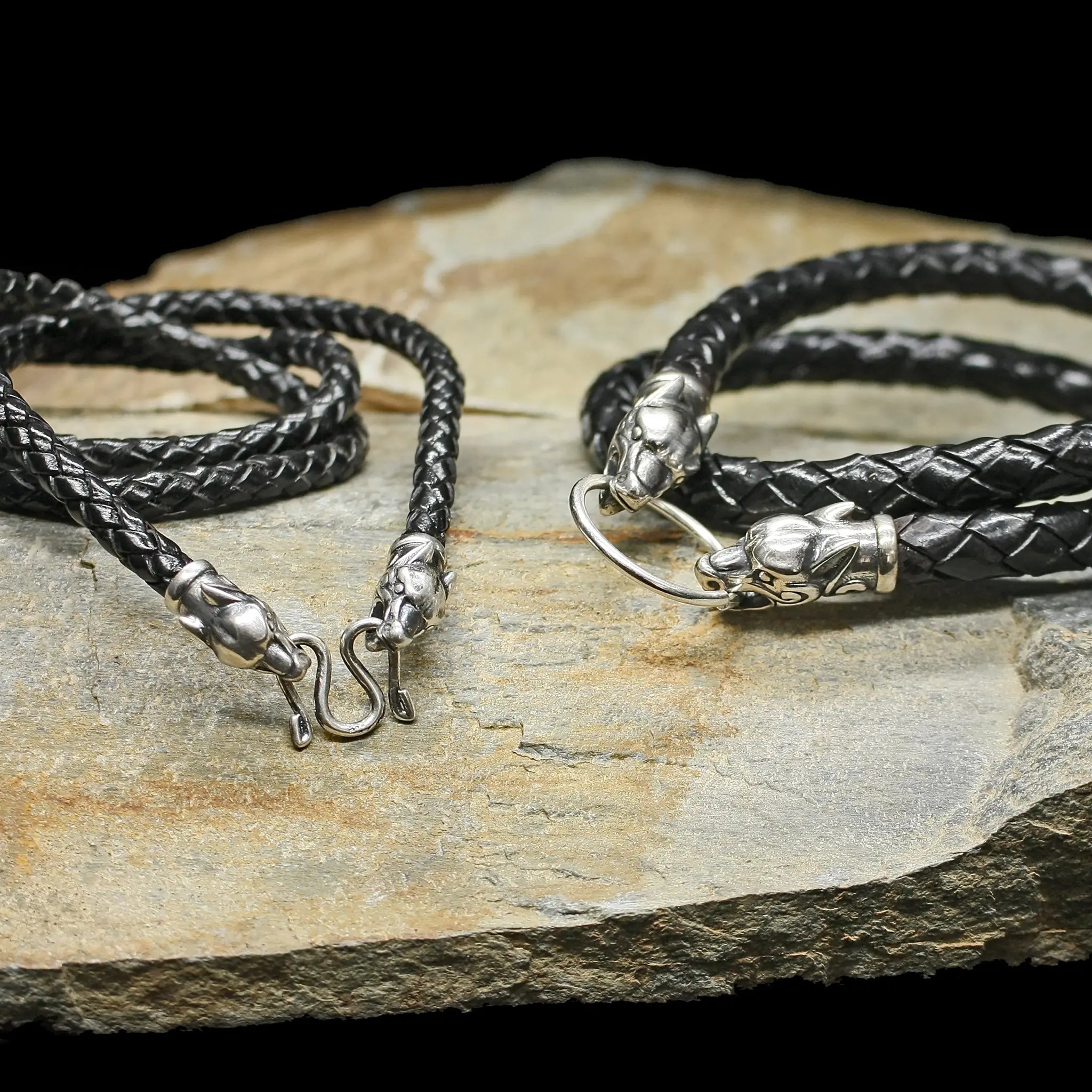 Braided Leather Viking Necklace with Silver Ferocious Wolf Heads