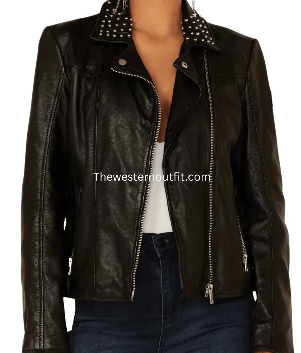 Black Star Studded Leather Jacket For Women – The Western Outfit