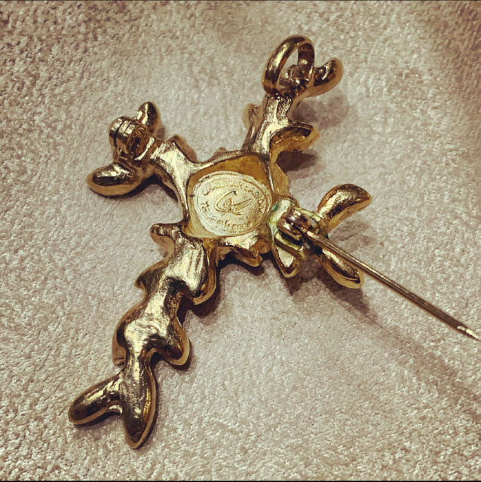 Christian Lacroix Gold Crystal Cross Brooch Pendant