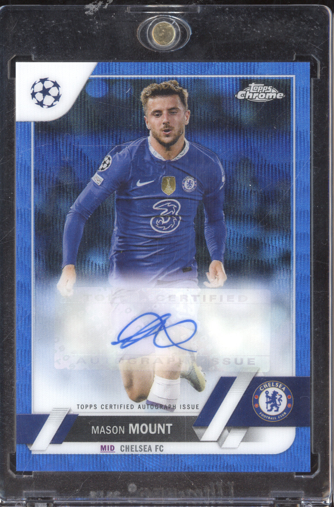 Mason Mount 2022-23 Topps Chrome UCC CA-MM Chrome Autograph Blue Wave