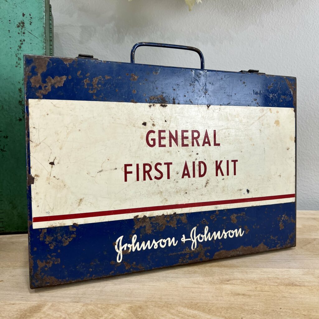 Vintage Johnson & Johnson Red, White & Blue Metal First Aid Kit