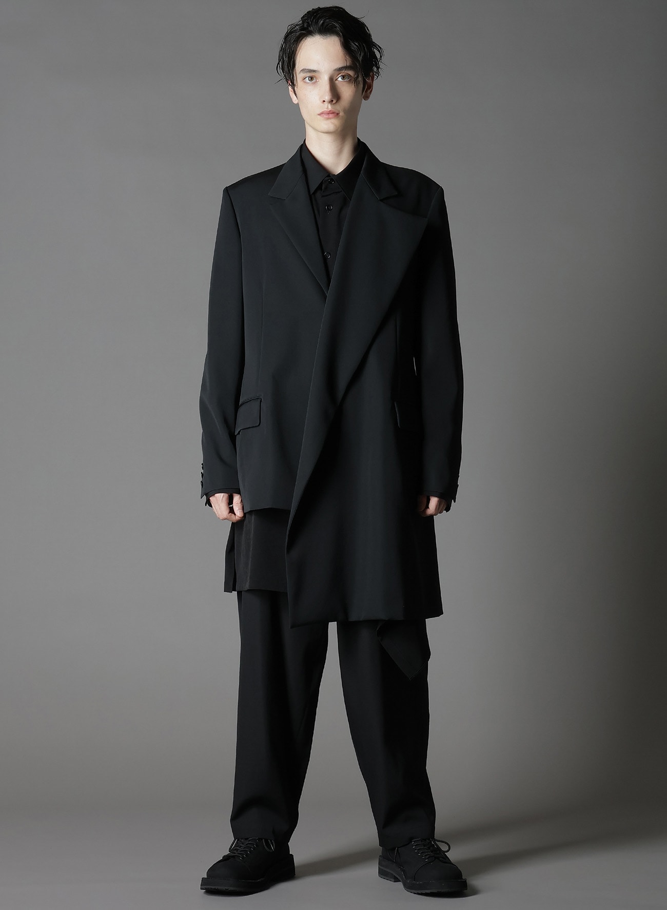 WOOL GABARDINE ASYMMETRICAL JACKET(XS BLACK): Ground Y｜THE SHOP